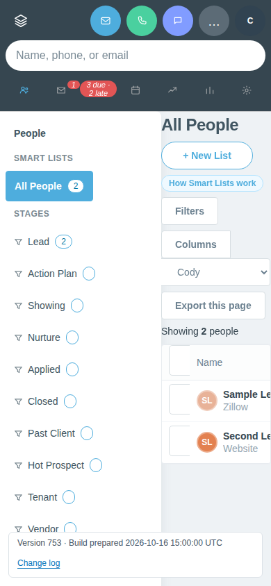 People list on a phone-width screen
