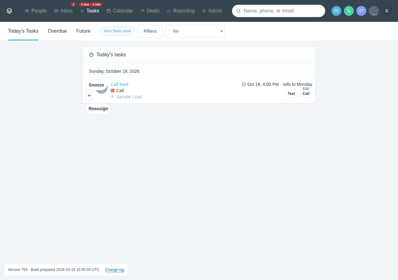 Tasks list with the due and late count, Snooze, and Reassign